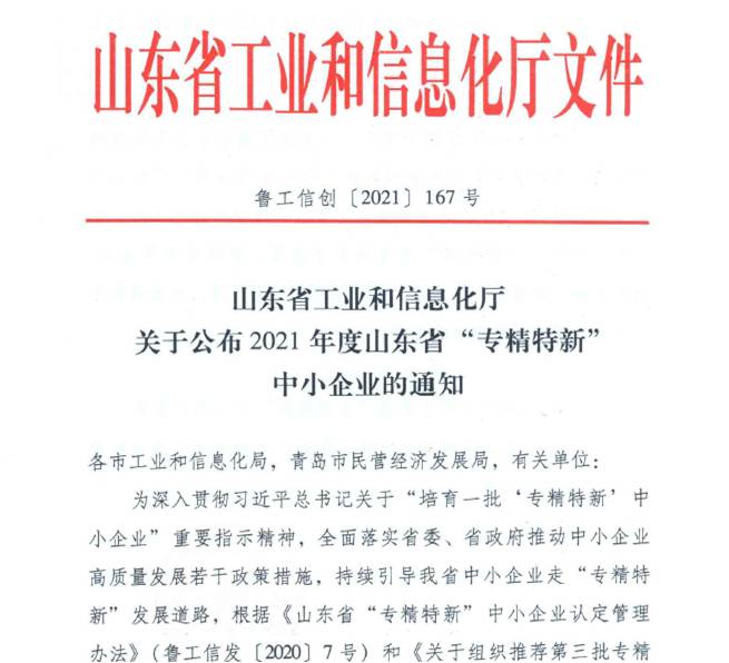 喜報！熱烈祝賀我司通(tōng)過山(shān)東省“專精特新”中小(xiǎo)企業審核